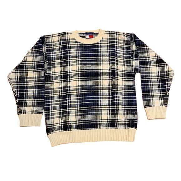 Vintage 90s Heavy Knit Plaid Tommy Hilfiger Sweater Preppy Nautical pullover | L - Picture 2 of 10